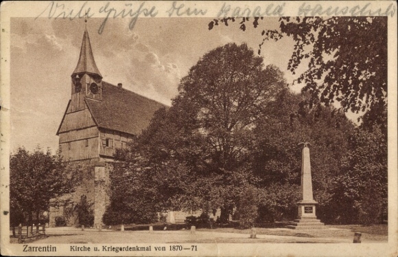 Postcard Zarrentin am Schaalsee, church and war memorial