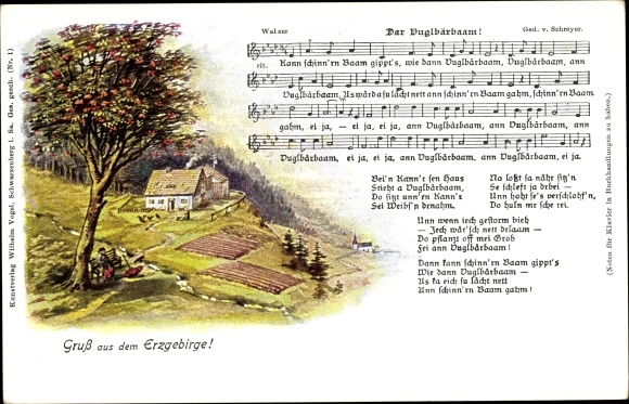 Song Postcard Vogel, Wilhelm, Dar Vuglbärbaam, landscape idyll, Erzgebirge