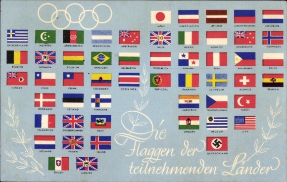 Postcard Olympia Berlin 1936, flags of the participating countries