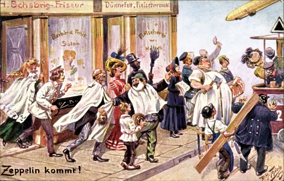 Artist Postcard Thiele, Arthur, Zeppelin comes, butcher and hairdresser with customers