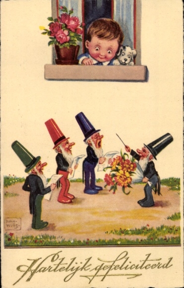 Künstler Ak Wills, John, Glückwunsch, Junge am Fenster, singende Zwerge, Dirigent