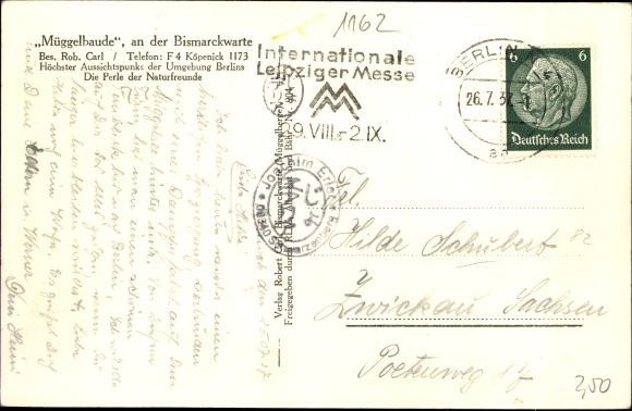 Postcard Berlin Köpenick, Müggelberge, Bismarckwarte, Müggelbaude, owner Rob. Carl