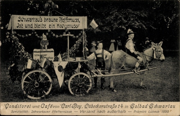 Ak Bad Schwartau in Holstein, Conditorei und Café von Carl Boy, Lübeckerstr. 14, Eselskutsche