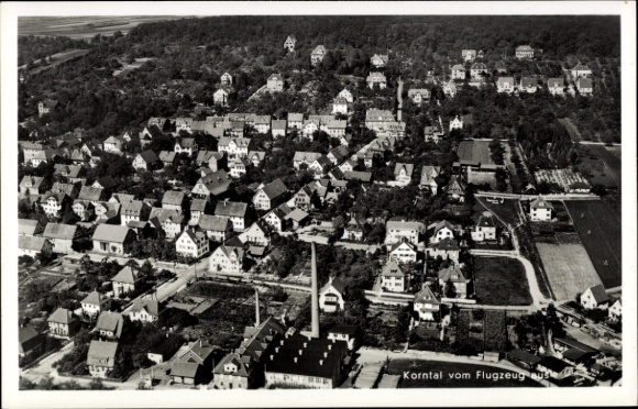 Postcard Korntal Münchingen in Strohgäu, aerial view of many houses, streets, fields