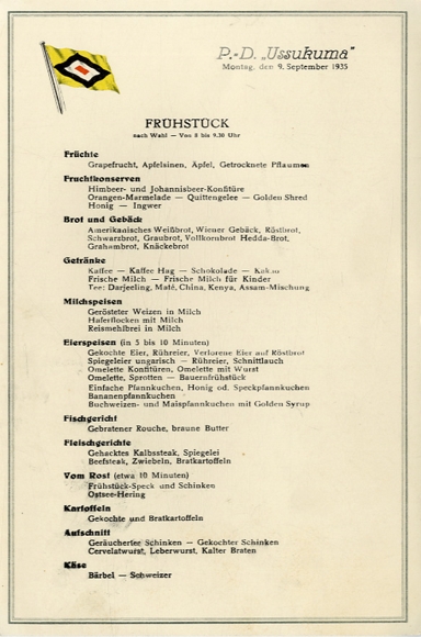 Menu card, steamer Ussukuma, September 9, 1935, breakfast