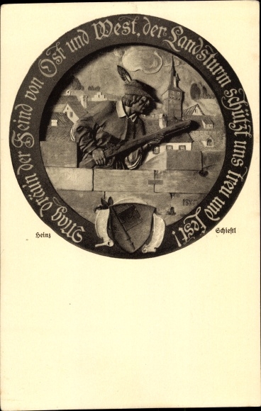 Postcard plastic by Heinz Schiestl, brother of Matthäus, man with gun, Landsturm, relief