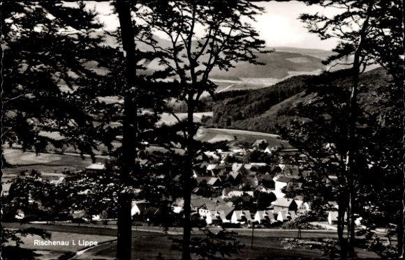 Postcard Rischenau Lügde in the Weserbergland, view from Scharpenberg to the village