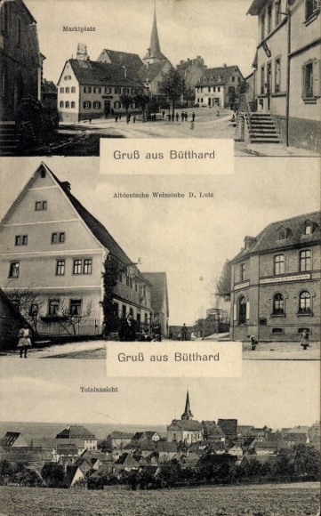 Postcard Bütthard in Lower Franconia, Old German wine bar, total view, market square
