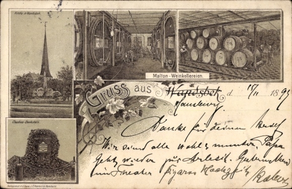 Chromo-Litho Hamburg Wandsbek, Malton wineries, monument, church