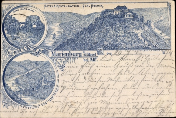 Voorloper litho Zell Mosel, ruïne Marienburg, panorama vanaf Alf, hotel in het voormalige klooster, 1894