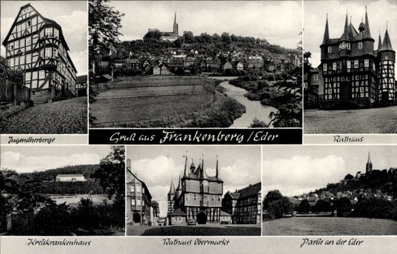 Postcard Frankenberg an der Eder Hesse, town view, youth hostel, town hall, hospital, town hall