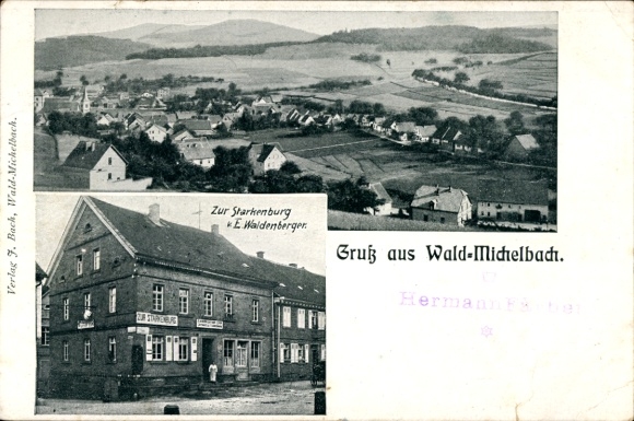 Postcard Wald Michelbach in the Odenwald Hesse, Gasthof zur Starkenburg, owner E. Waldenberger, Panorama