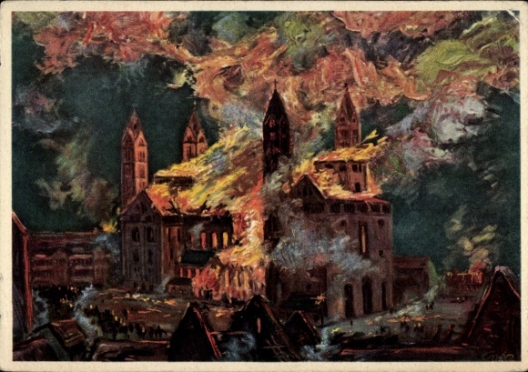 Ak Speyer am Rhein, Kaiserdom brennt, dramatische Darstellung, Gemälde von Karl Graf