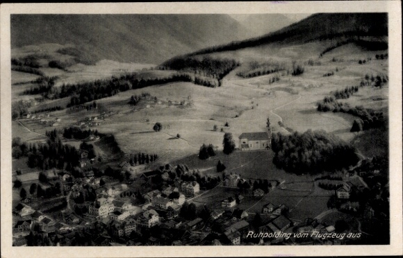 Ruhpolding in Upper Bavaria, aerial view of mountains and valleys, church visible