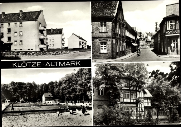Postcard blocks in the Altmark, new buildings, Oebisfelder Straße, forest pool, HO Kurhaus blocks