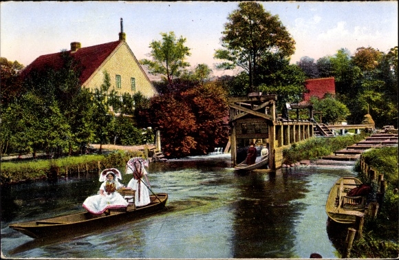 Postcard Kannomühle Alt Zauche Wußwerk in the Spreewald, lock, Spreewald women in the boat