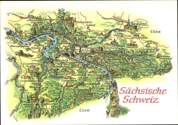 Landkarten Ak Königstein an der Elbe Sächsische Schweiz, Hohnstein, Sebnitz, Bad Schandau