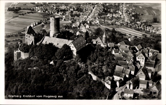 Postcard Krofdorf Gleiberg Wettenberg in Hesse, aerial photograph, Gleiberg, castle, houses, fields