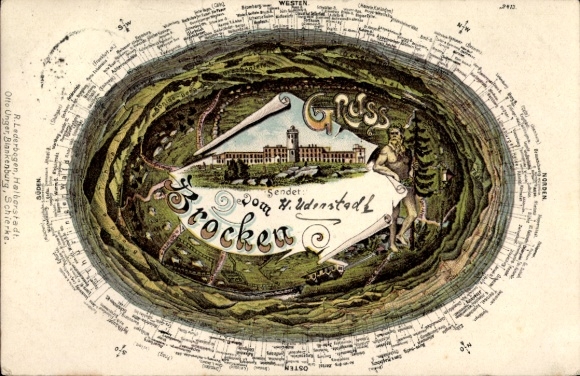 Ak Brocken im Harz,  mit Bergpanorama, Grußwort, verschneite Landschaft, Aquarellstil