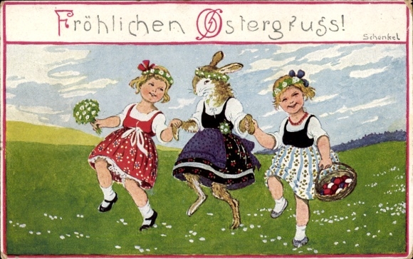 Artist Postcard Schenkel, F., Happy Easter, Easter Bunny, Dancing Children