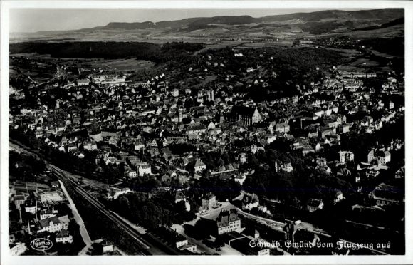 Postcard Schwäbisch Gmünd in Württemberg, aerial photograph, city view, hilly landscape, year 1