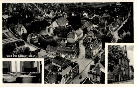 Postcard Lorsch on the Bergstraße Hesse, aerial photograph, Gasthaus Euterpia