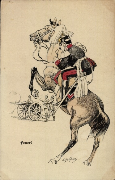 Künstler Ak Schlemo, E., Offizier zu Pferd, Geschütz
