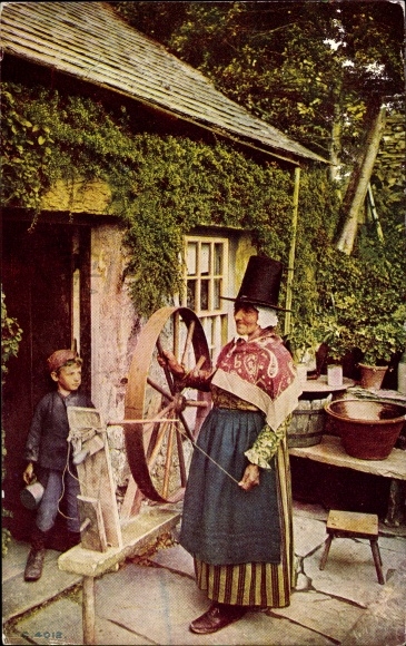 Postcard Wales, Old Woman in Costume, Top Hat, Spinning Wheel, Farm