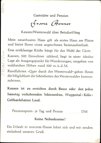 Postcard Kausen in the Westerwald, Restaurant-Pension Franz Benner