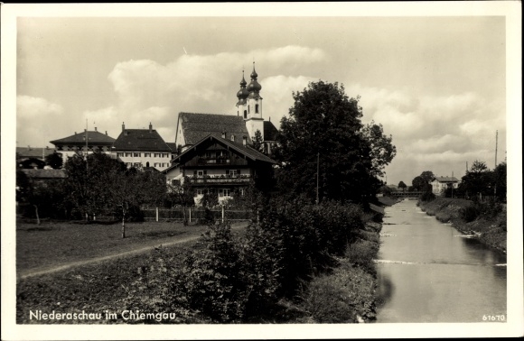 PC Niederaschau Aschau im Chiemgau Upper Bavaria, river section, partial view with church