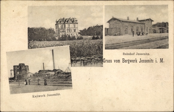 Postcard Jessenitz Lübtheen in Mecklenburg, Kaliwerk, Bahnhof, Villa