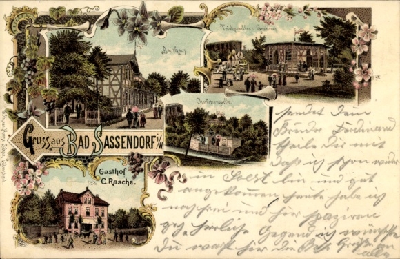 Chromo-Litho Bad Sassendorf in the district of Soest, city views, bathhouse, drinking pavilion, Charlottenquelle
