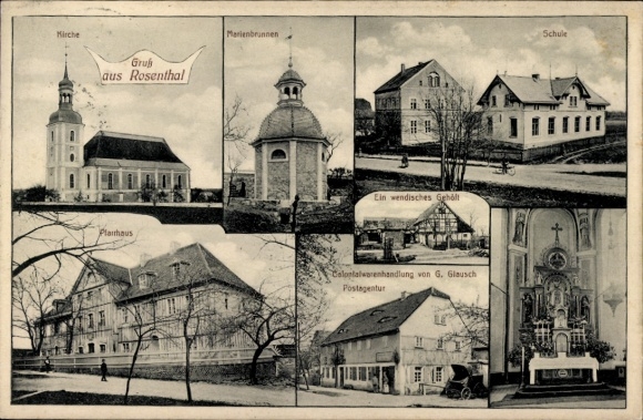 Ak Rosenthal Oberlausitz, kerk, pastorie, school, Marienbrunnen, Wendische boerderij
