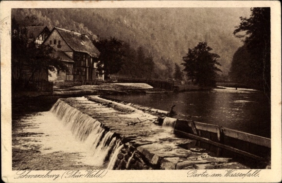Postcard Schwarzburg in Thuringia, partial view, waterfall