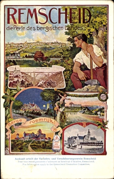 Artist Postcard Remscheid in the Bergisches Land, Town Hall, Dam, Castle Burg, Kaiser Wilhelm Bridge