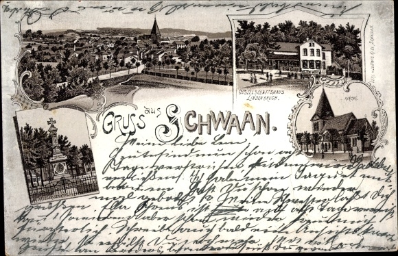 Chromo-Litho swan in Mecklenburg, church, war memorial, Gesellschaftshaus Lindenbruch