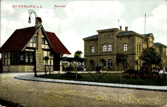 Postcard Bernburg an der Saale, train station