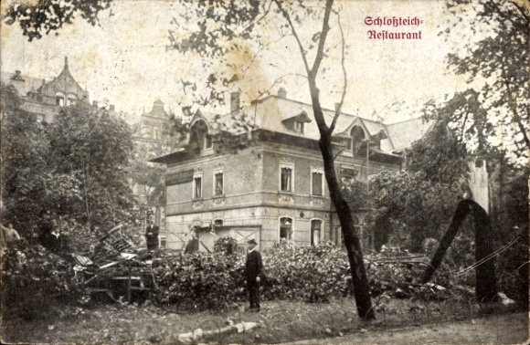 Postcard Chemnitz in Saxony, Schlossteich Restaurant, hurricane May 27, 1916