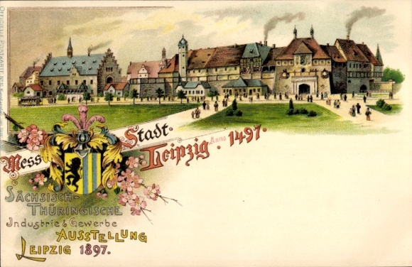 Postcard Leipzig, Historic Building, Trade Fair, Saxon-Thuringian Industry and Commerce Exhibition