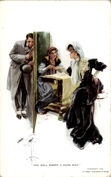 Artist Postcard Young woman with a palmist, love
