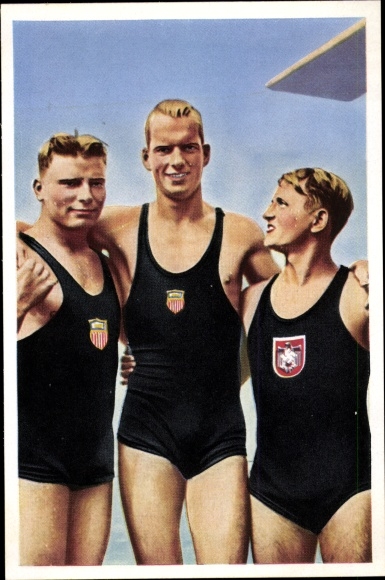 Sammelbild Olympia 1936, Serie 24 Bild 5, Turmspringer Wayne, Root, Stork, Franck-Kaffee