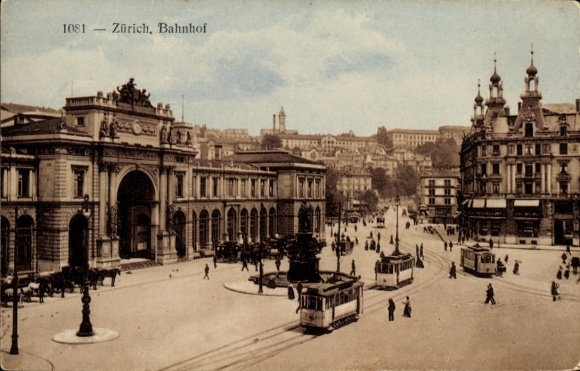 KP Zurich miasto Szwajcaria, dworzec kolejowy, linie tramwajowe, widok miasta, stara architektura, ruchliwe ulice