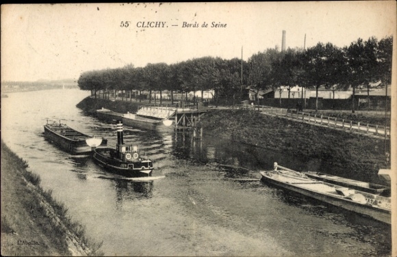Postcard Clichy Hauts de Seine, view of the river, boats, trees, waterfront promenade