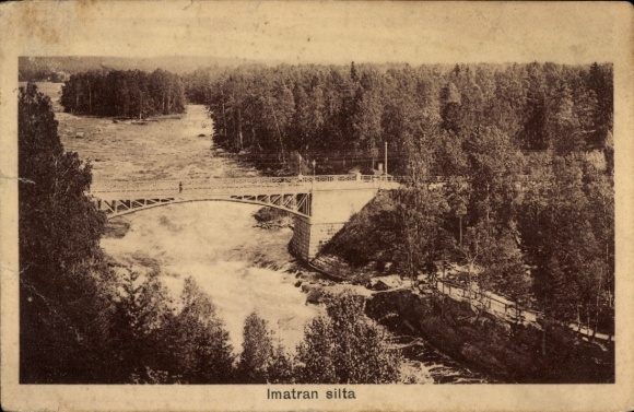 KP Imatra Finlandia, most, rzeka, drzewa, czarno-biały, krajobraz, napisy