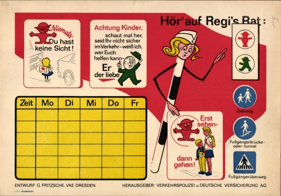 Timetable GDR traffic police and Deutsche Versicherung AG, Regi`s Rat road safety around 1970