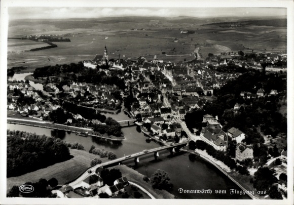 Postcard Donauwörth in Swabia Bavaria, aerial view of city view, river, bridge