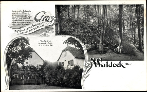 Ansichtkaart Waldeck in Thüringen, boswachterskantoor, huis van Goethe, bosgebied, trappen