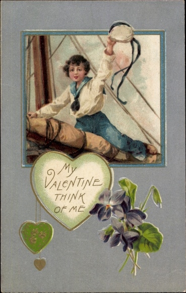 Emboss Postcard Valentine&#39;s Day, My Valentine think of me, sailor, violet