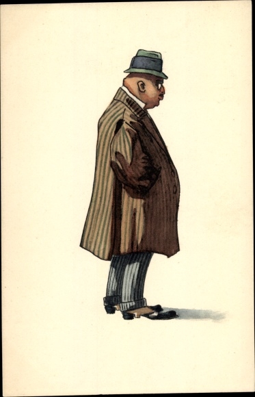 Postcard Fat man in a striped coat