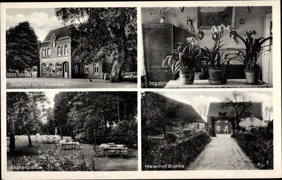 Postcard Stedebergen Dörverden Lower Saxony, Gasthof zur Landwehr*, hunting room, garden area, Meierhof